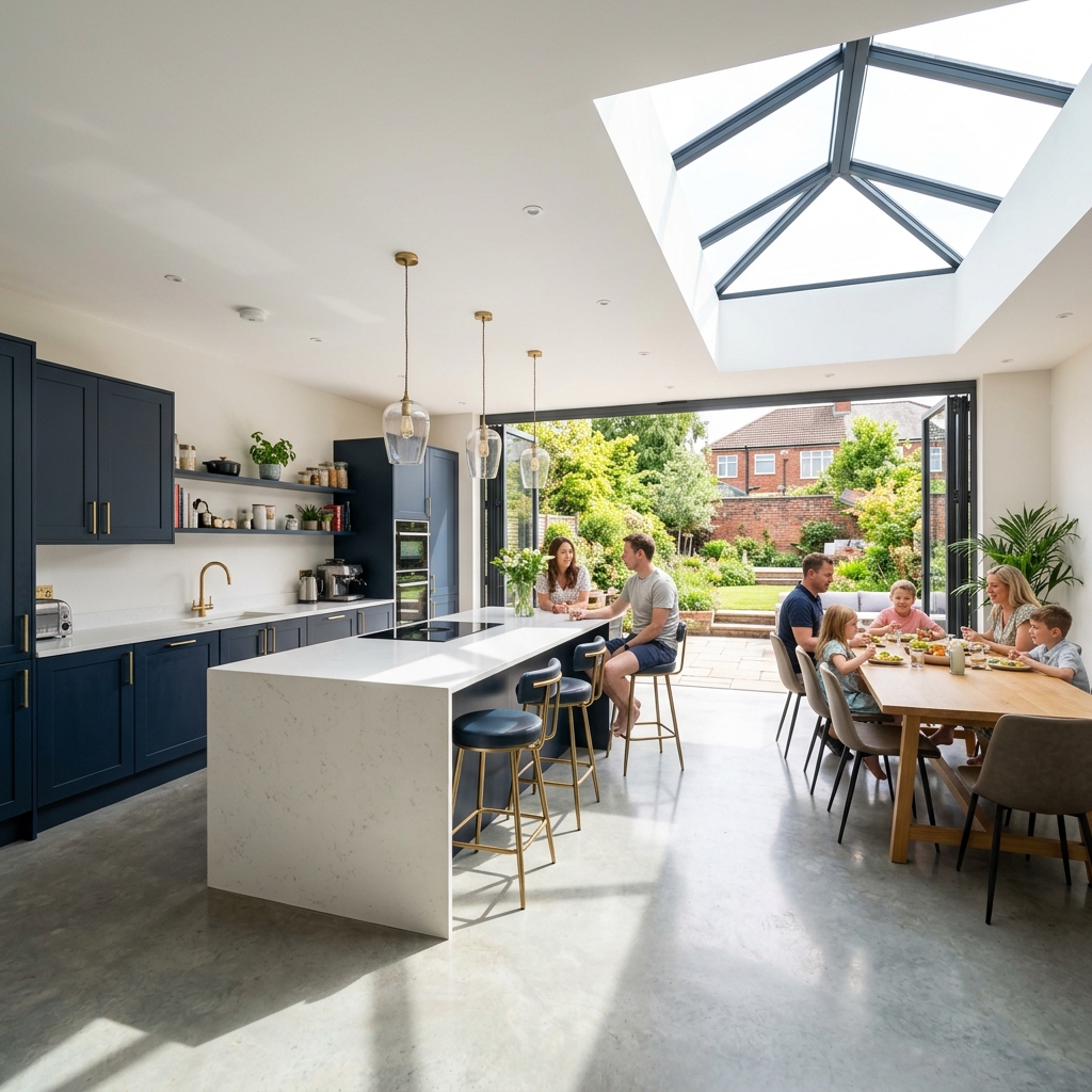Open-plan kitchen extension in Birmingham with bifold doors and roof lantern