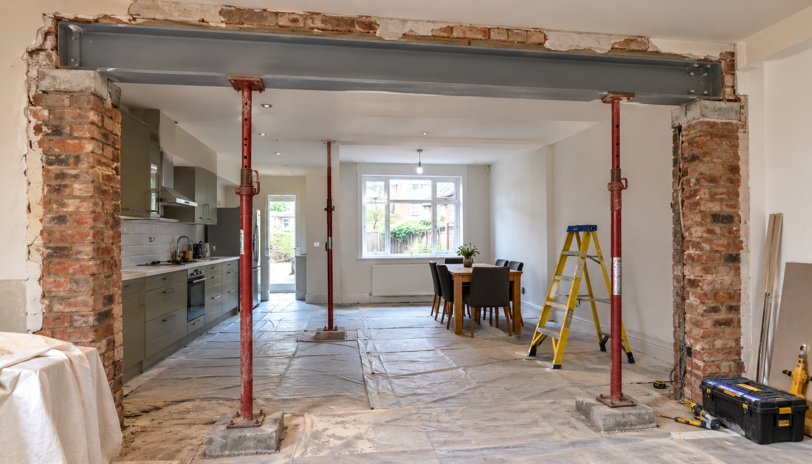 Steel beam installed after removing a load-bearing wall for an open-plan kitchen in Birmingham